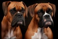 Two Boxer dogs portrait isolated on black background
