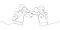 Two boxers in fight one line art. Continuous line drawing boxing, protective mask, boxing gloves, fight, athletes