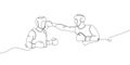 Two boxers in a fight one line art. Continuous line drawing boxing, protective mask, boxing gloves, fight, battle