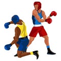 Two boxers fighting. Battle spectacle event with knockdown between professional sportsmen in sportswear vector