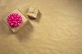 Two boxes in eco brown plain paper witg gold and pink wrapping decoration, present for Birthday, Valentine`s day mother