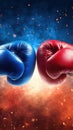 Two boxing gloves collide in a dramatic clash of red and blue, AI Royalty Free Stock Photo