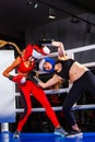 Two boxing women workout in fitness class ring. Royalty Free Stock Photo