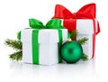 Two boxs tied ribbons bow, pine tree branch branch and christmas ball Isolated Royalty Free Stock Photo
