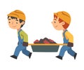 Two Boy Construction Workers arrying Construction Waste Together, Cute Little Builder Character Wearing Blue Overalls