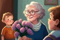 Two boy grandchildren give grandma a bouquet of flowers at home on a holiday