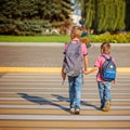 Two boys with backpack walking, holding on warm day on the road. Royalty Free Stock Photo