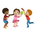 Two Boys Bullying A Girl, Part Of Bad Kids Behavior And Bullies Series Of Vector Illustrations With Characters Being