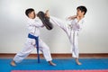 Two boys demonstrate martial arts working together Royalty Free Stock Photo