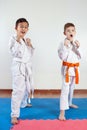 Two boys demonstrate martial arts working together Royalty Free Stock Photo