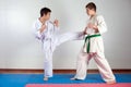 Two boys demonstrate martial arts working together Royalty Free Stock Photo