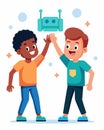 Two boys excitedly highfive as they successfully code a robot to move across the room in their afterschool robotics club