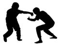 Two boys fighting silhouette. Two young brothers fight illustration. Angry kid terror. Street hitting and punching. Royalty Free Stock Photo