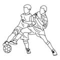 Two boys fighting soccer together vector illustration sketch doodle hand drawn with black lines isolated on white background