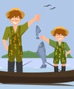 Two boys fishing from the boat