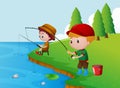 Two boys fishing by the river