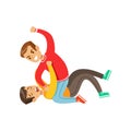 Two Boys Fist Fight Positions, Aggressive Bully In Long Sleeve Red Top Fighting Another Kid Laying On The Floor