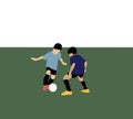 Two boys football players kicking football match game on soccer field. Royalty Free Stock Photo