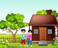 Two Boys In Front of Wood House In Grass Field Cartoon Royalty Free Stock Photo