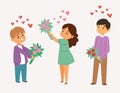 Two boys giving flowers to a girl, children exchanging roses with hearts in the air. Child love, cute boys admiration