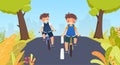 Two boys go to school ride bicycle on summer day, back to schooll Royalty Free Stock Photo