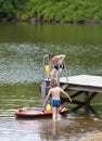 Two Boys Having Fun with Inflatable Rubber Boat Royalty Free Stock Photo