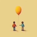 Two Boys Holding An Orange Balloon In The Style Of Alex Andreev, Dan Matutina, And Robert Bissell