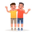 Two boys hugged and waved hands. Best friends. Vector illustration