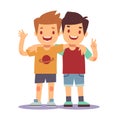 Two boys hugging, best friends, happy smiling kids vector illustration Royalty Free Stock Photo