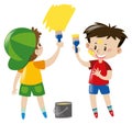 Two boys painting wall yellow