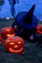 Two boys in the park with Halloween costumes, carved pumpkins with candles and decoration Royalty Free Stock Photo