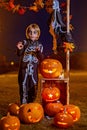 Two boys in the park with Halloween costumes, carved pumpkins with candles and decoration Royalty Free Stock Photo