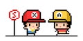Two boys pixel image, wearing hat. Pixel art vector illustration