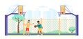 Two boys play basketball on outdoor court. City street playground. Public sports field. Friends match. Guys throw ball