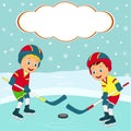 Two boys play ice hockey