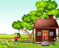 Two Boys Playing Kite in Front of Brown Wood House In Grass Field Cartoon