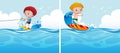 Two boys playing water ski and surfboard Royalty Free Stock Photo