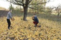 Two boys are playing with yellow autumn leaves under a tree in the garden Royalty Free Stock Photo