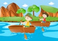 Two boys rowing boat along the river Royalty Free Stock Photo