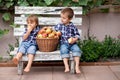 Two boys, sitting on a bench, eating apples and having fun Royalty Free Stock Photo