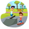 Two Boys, Skateboard Fans, Training in Local Park