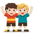 Two boys smile, hugging and waving their hands. Royalty Free Stock Photo