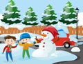 Two boys and snowman on the road