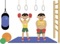 Two boys are standing in the gym wearing boxing gloves The winner is a slender and athletic boy. He is happy. The fat man lost.