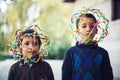 Two boys with strange helmets Royalty Free Stock Photo