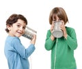 Two boys talking on a tin can phone Royalty Free Stock Photo