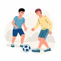 Two boys or teenagers play football, happy men playing soccer Royalty Free Stock Photo