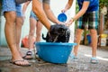 Two boys with their father washing their puppy Royalty Free Stock Photo