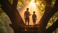 Two Boys on Tree Platform in Sunlight Royalty Free Stock Photo