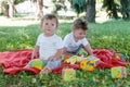 Two boys twins sitting on a red blanket with toys Royalty Free Stock Photo